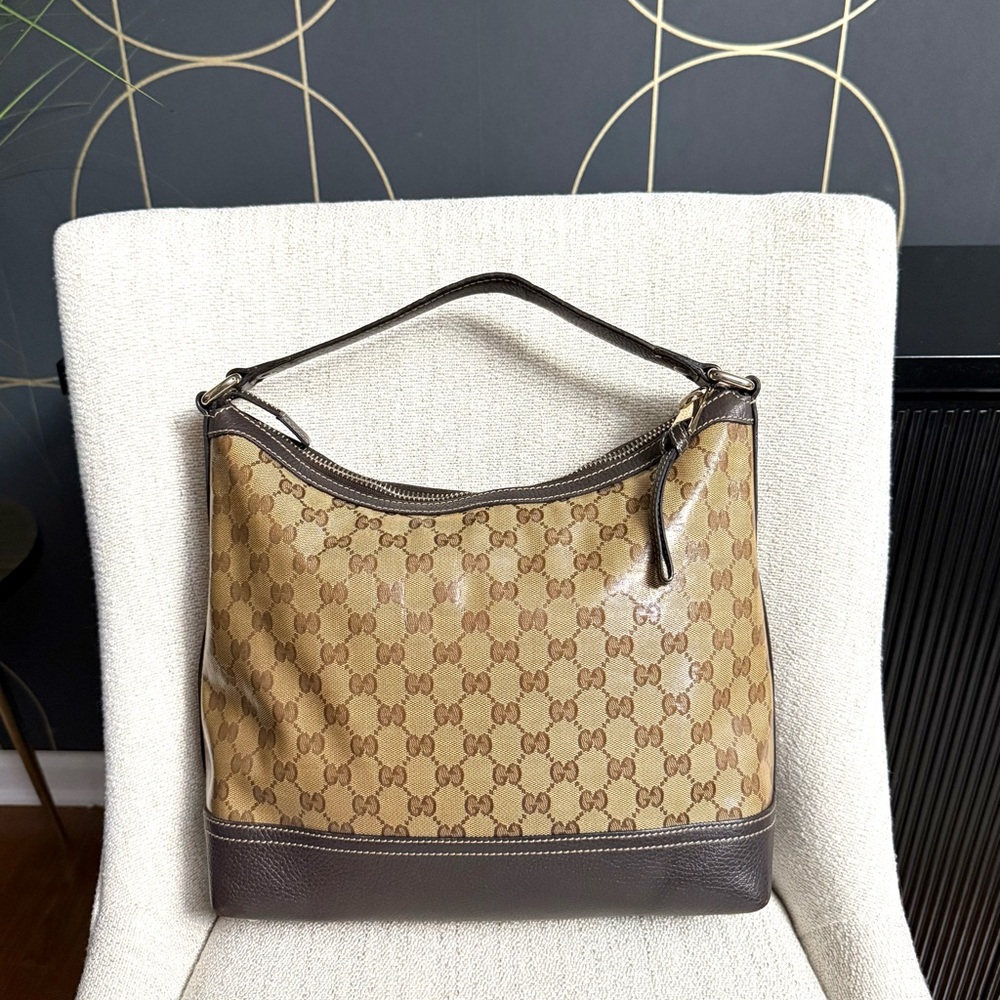 Authentic Gucci GG Crystal Canvas Hobo bag leather trims gold hardware